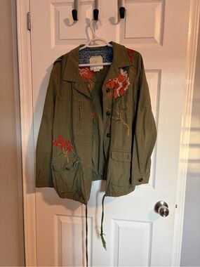 Embroidered Olive Utility Jacket with Floral Detail